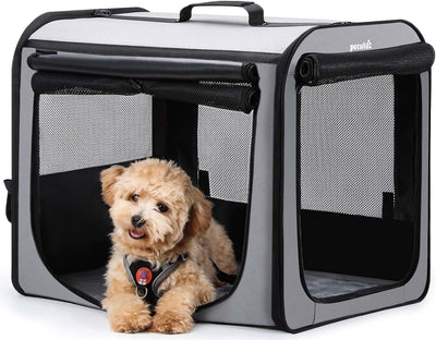 Dog Car Carrier Stable and Light Weight, 61×45×52Cm Dog Carrier for Cars, Portable Dog Car Crate with Breathable Windows, Foldable Pet Carrier for Both Indoor and Outdoor Use, Pet Travel Crate Grey