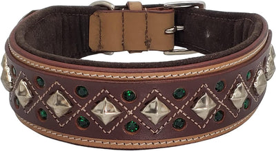 Darlington Wide 2 Inch Luxury Soft Suede Padded Leather Dog Collar for Large Dogs Handmade with Stud Crystal Fancy Western Design (L: Neck Size 15-19", Natural/Brown)